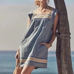 Faherty Chambray Square Neck Stripe Accent Dress Pockets Blue Medium‎
